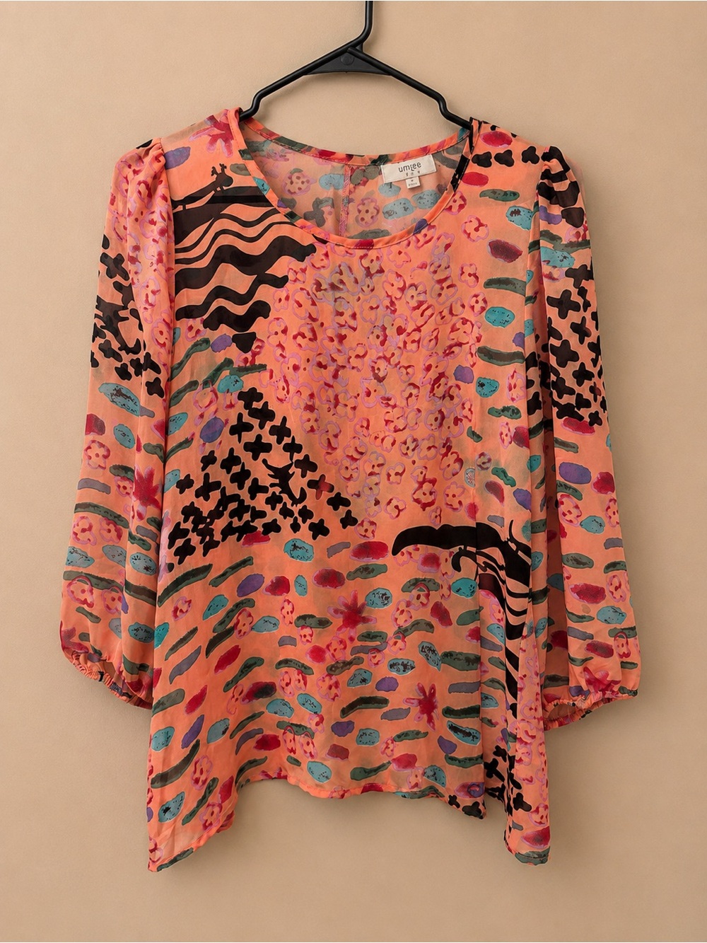 Umgee Coral Multicolor Abstract Print Puff Sleeve Blouse